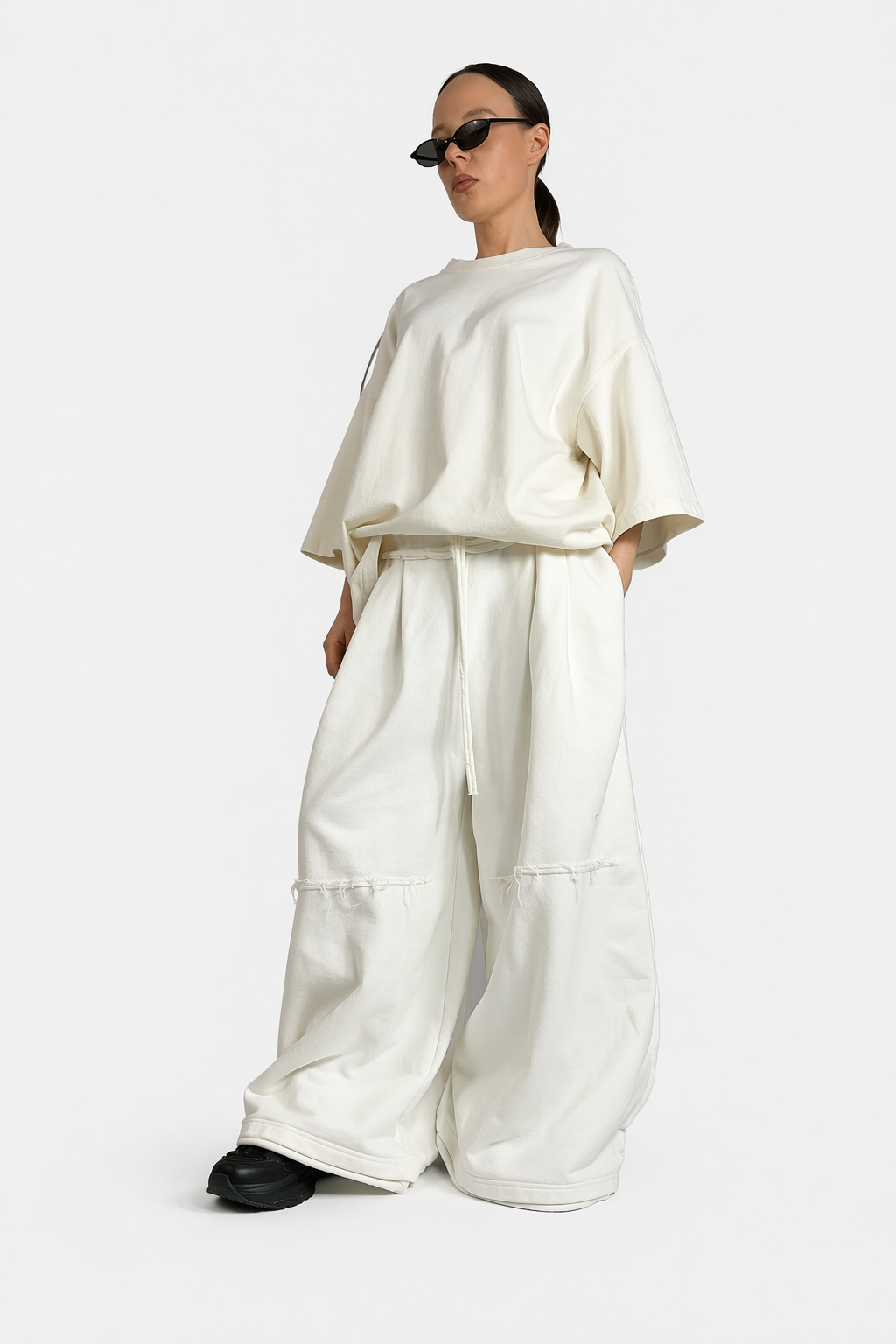 Dresowe Baggy z Zakładkami Złamana Biel (off-white)