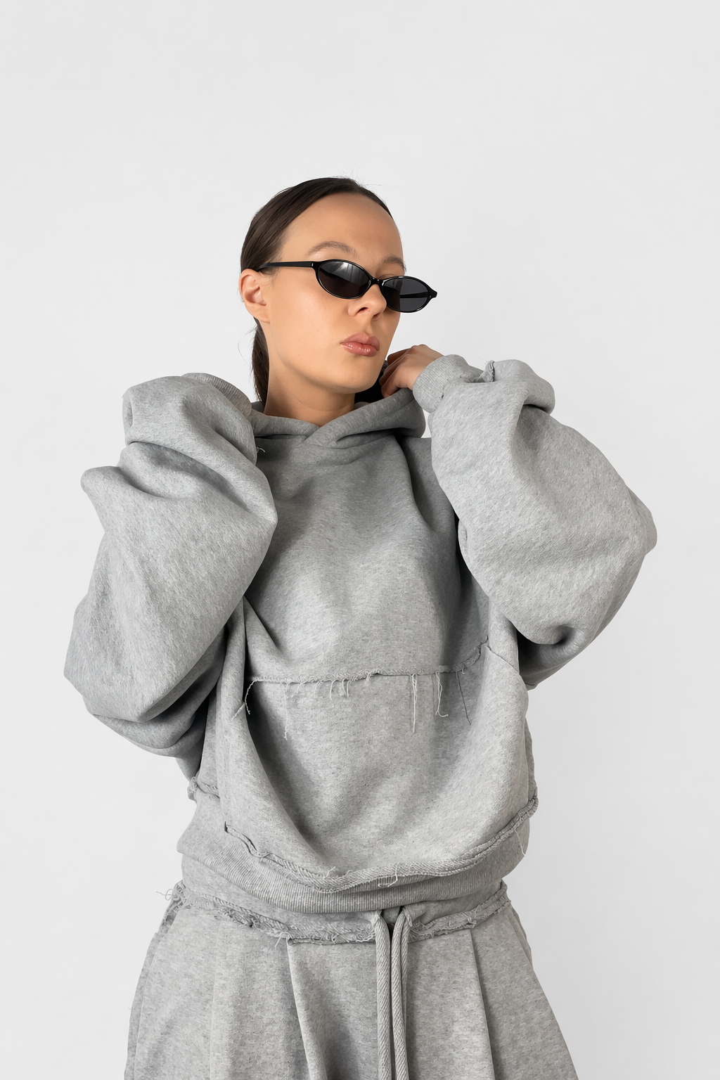 Bluza a Kapturem Hoodie Boxy Szary Melanż